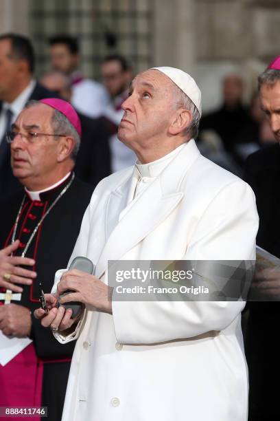 Pope Francis leads the Immaculate Conception celebration at Spanish Steps on December 8, 2017 in Rome, Italy. The Pope's visit to the memorial column...