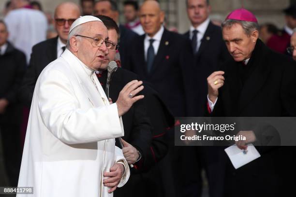 Pope Francis leads the Immaculate Conception celebration at Spanish Steps on December 8, 2017 in Rome, Italy. The Pope's visit to the memorial column...