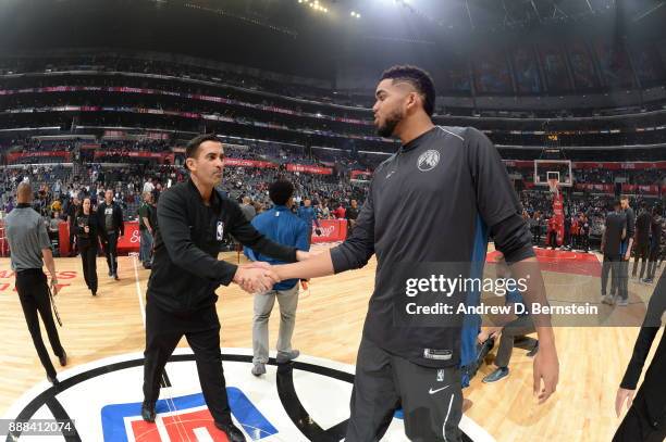 Zach Zarba and Karl-Anthony Towns of the Minnesota Timberwolves before the game against the LA Clippers on December 6, 2017 at STAPLES Center in Los...