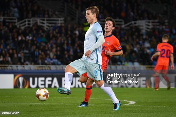 Aleksandr Kokorin of Zenit duels for the ball with Alvaro Odriozola of Real Sociedad during the UEFA Europa League Group L football match between...