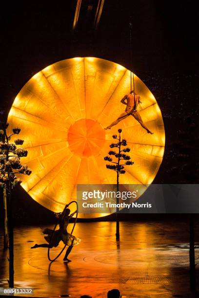 Angelica Bongiovonni and Enya White perform during dress rehearsal for Cirque du Soleil's "Luzia" at Dodger Stadium on December 7, 2017 in Los...