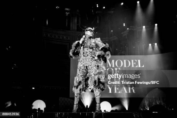 Erykah Badu presents the award for Model of the Year on stage at The Fashion Awards 2017 in partnership with Swarovski at Royal Albert Hall on...