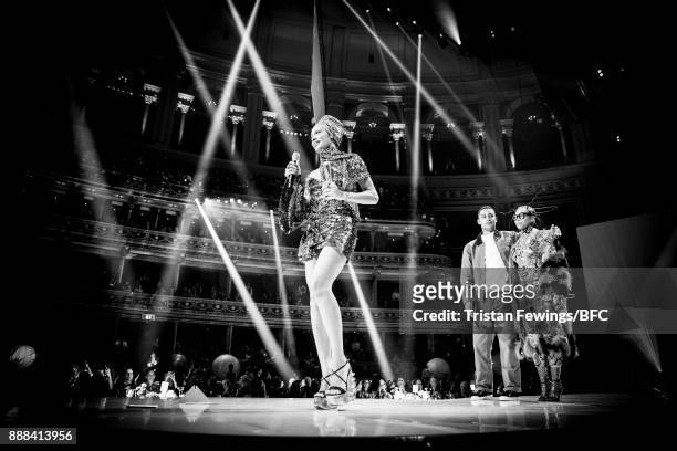 Loyle Carner, Erykah Badu and winner of the award for Model of the Year, Adwoa Aboah, on stage at The Fashion Awards 2017 in partnership with...
