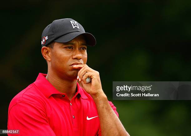 Tiger Woods waits on the second tee during the final round of the AT&T National at the Congressional Country Club on July 5, 2009 in Bethesda,...