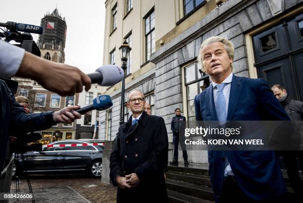 Dutch far-right PVV party leader Geert Wilders delivers a statement in Utrecht on December 8, 2017 after announcing that his party will take part in...