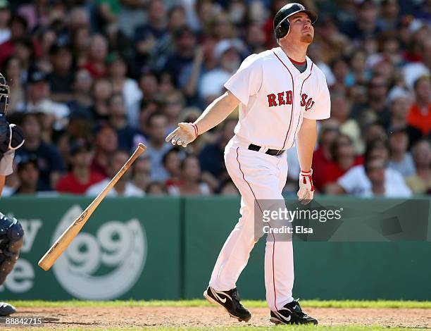 Drew of the Boston Red Sox gets a hit against the Seattle Mariners on July 5, 2009 at Fenway Park in Boston, Massachusetts.
