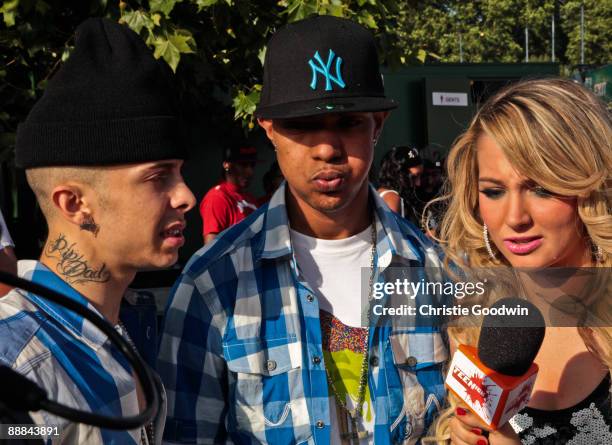 Dappy, Fazer and Tulisa of N-Dubz backstage on the second day of Wireless Festival at Hyde Park on July 5, 2009 in London, England.