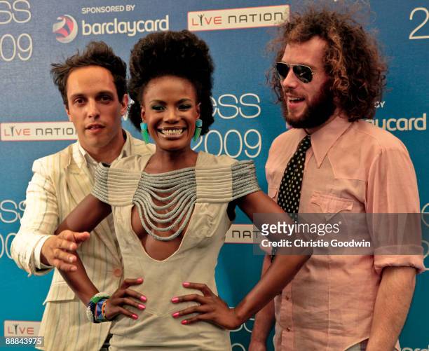 Dan Smith, Shingai Shoniwa and Jamie Morrison of The Noisettes pose backstage on the second day of Wireless Festival at Hyde Park on July 5, 2009 in...
