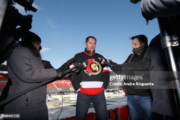 Ottawa Senators alumnus Chris Phillips speaks with media ahead of the Scotiabank NHL100 Classic at Lansdowne Park on December 8, 2017 in Ottawa,...