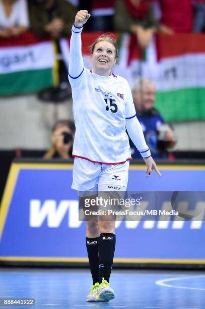 Michaela Hrbkova of Czech Republic celebrates scoring a goal during IHF Women's Handball World Championship group B match between Czech Republic and...