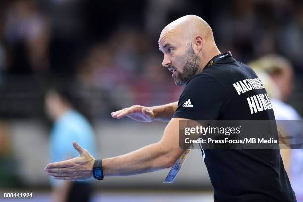 Kim Rasmussen head coach of Hungary reacts during IHF Women's Handball World Championship group B match between Czech Republic and Hungary on...