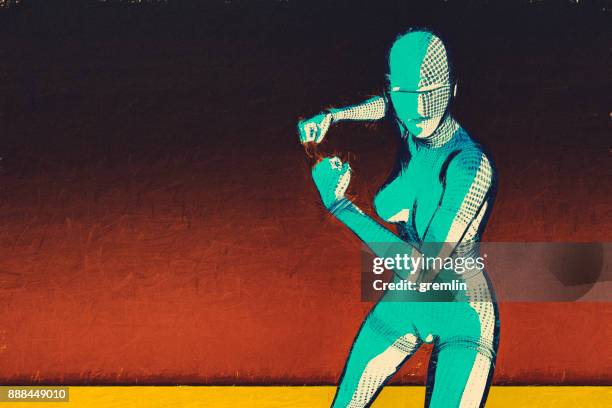 futuristic superhero in cartoon style - fighting robots stock pictures, royalty-free photos & images