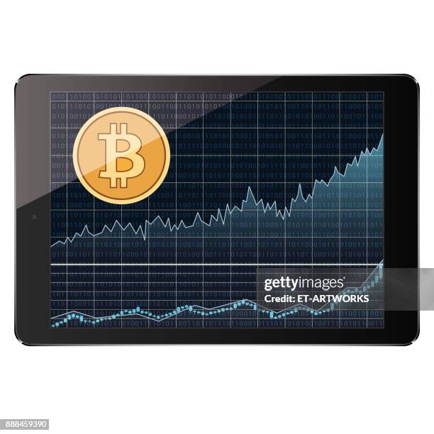 digital tablet and bitcoin - using tablet close up stock illustrations