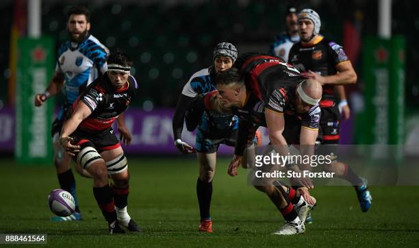 Dragons forward Rynard Landman goes over the top during the European Rugby Challenge Cup match between Dragons and Enisei EM at Rodney Parade on...