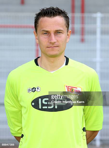 Goalkeeper Jan Glinker poses during the 1.FC Union Berlin Team Presentation at the Stadion An der Alten Foersterei on July 6, 2009 in Berlin, Germany.