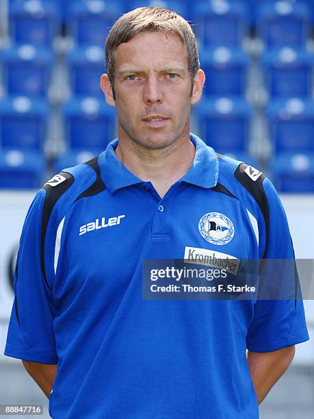 Goalkeeper coach Thomas Schlieck poses during the Second Bundesliga Team Presentation of Arminia Bielefeld at the Schueco Arena on July 6, 2009 in...