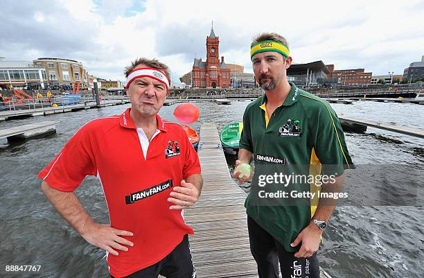 Ashes legends Phil "Tuffers" Tufnell of England and Jason "Dizzy" Gillespie of Australia pepare for the Betfair Pedalo Challenge at Cardiff Bay on 6...