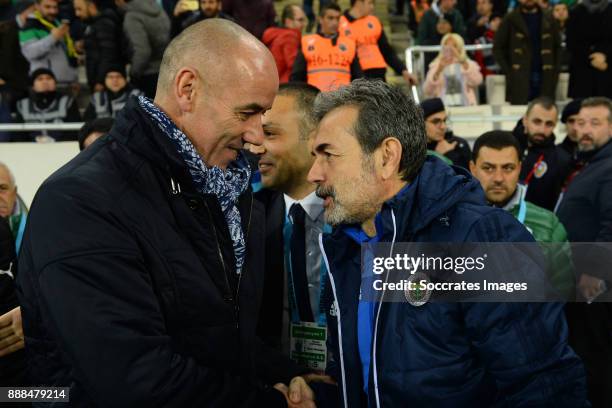 Coach Paul Le Guen of Bursaspor, coach Aykut Kocaman of Fenerbahce during the Turkish Super lig match between Bursaspor v Fenerbahce at the Timsah...