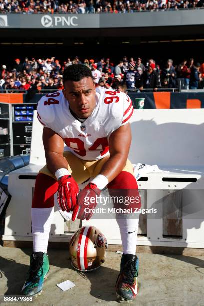 Solomon Thomas of the San Francisco 49ers sits on the sideline during the game against the Chicago Bears at Soldier Field on December 3, 2017 in...