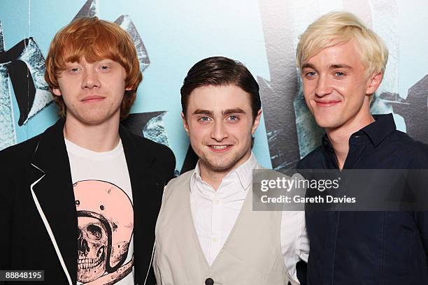 Rupert Grint, Daniel Radcliffe and Tom Felton attend a photocall for 'Harry Potter and the Half-Blood Prince' held at Claridges Hotel on July 6, 2009...