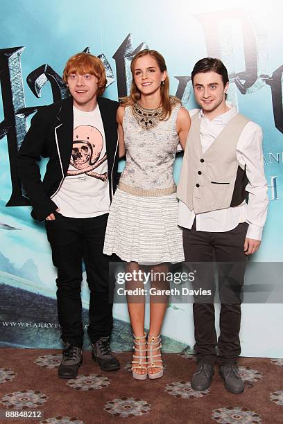 Rupert Grint, Emma Watson and Daniel Radcliffe attend a photocall for 'Harry Potter and the Half-Blood Prince' held at Claridges Hotel on July 6,...