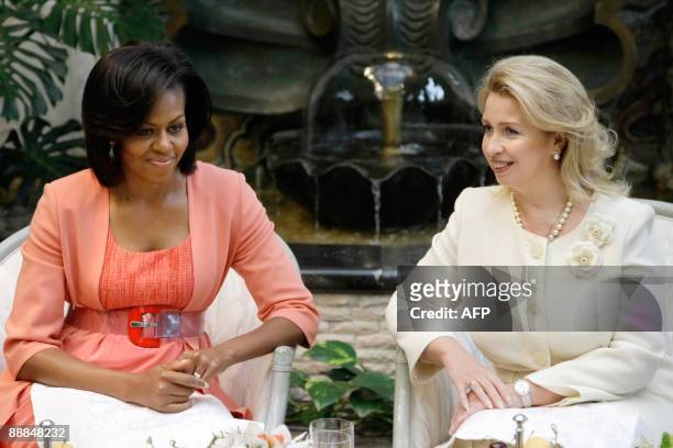 First Lady Michelle Obama meets with Russian First Lady Svetlana Medvedeva at the Kremlin in Moscow on July 6, 2009. US President Barack Obama...