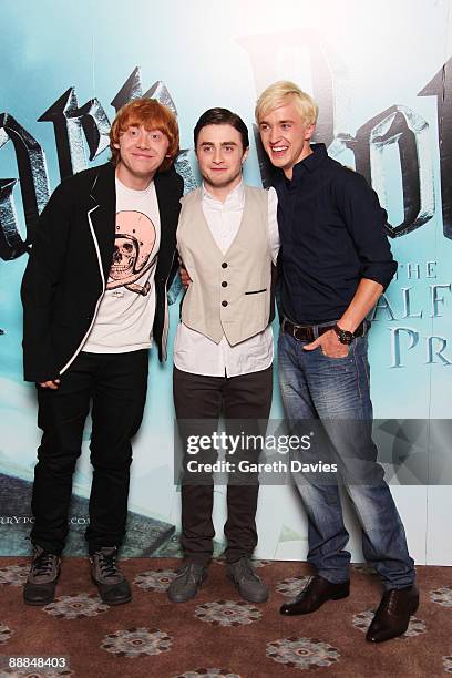 Rupert Grint, Daniel Radcliffe and Tom Felton attend a photocall for Harry Potter and the Half-Blood Prince held at Claridges Hotel on July 6, 2009...