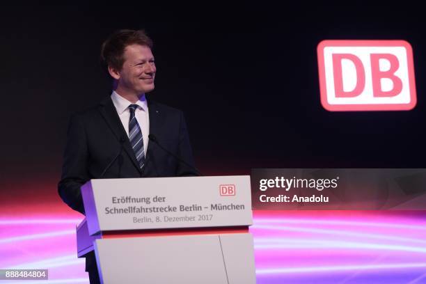 Deutsche Bahn CEO Richard Lutz, speaks at the Berlin central train station or Hauptbahnhof during the first journey of the high speed track that...