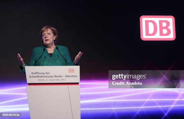 Chancellor Angela Merkel , speaks at the Berlin central train station or Hauptbahnhof during the first journey of the high speed track that connect...