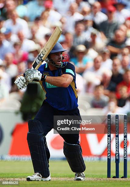 Michael Lumb of Hampshire hits out during the Friends Provident Trophy semi final match between Lancashire Lightning and Hampshire Hawks at Old...