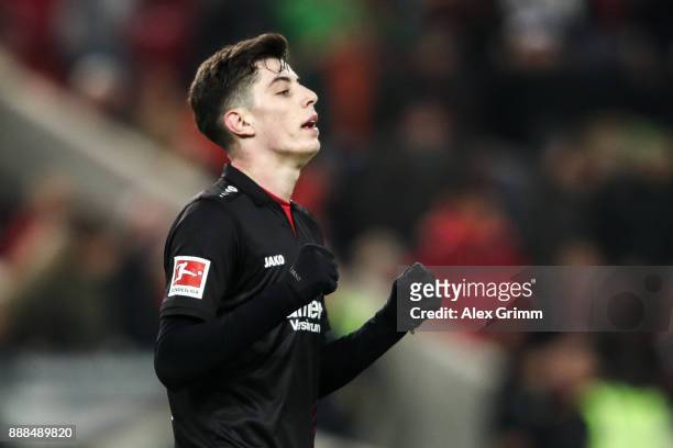 Kai Havertz of Bayer Leverkusen celebrates after winning the Bundesliga match between VfB Stuttgart and Bayer 04 Leverkusen at Mercedes-Benz Arena on...