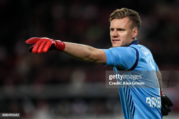 Bernd Leno of Bayer Leverkusen reacts during the Bundesliga match between VfB Stuttgart and Bayer 04 Leverkusen at Mercedes-Benz Arena on December 8,...