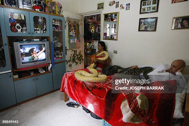 Lebanese snake hobbyist Pierre Rizk and his Sri Lankan wife Sapa watch television with two of their Indian Python snakes in their flat in Dekwaneh,...