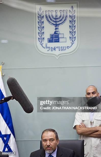 Israeli Foreign Minister Avigdor Lieberman attends a meeting of his right-wing Yisrael Beitenu party at the Knesset on July 6, 2009 in Jerusalem....