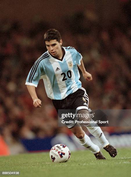 Javier Saviola of Argentina in action during an International Friendly between Wales and Argentina at the Millennium Stadium on February 13, 2002 in...