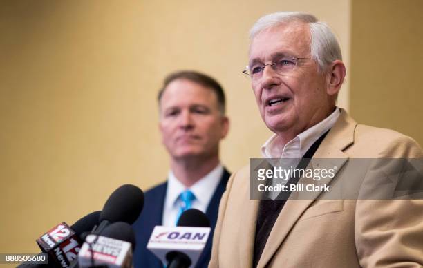 Roy Moore campaign chairman Bill Armistead, right, speaks as Phillip Jaurequi, attorney for Senate candidate Roy Moore, listens during a press...