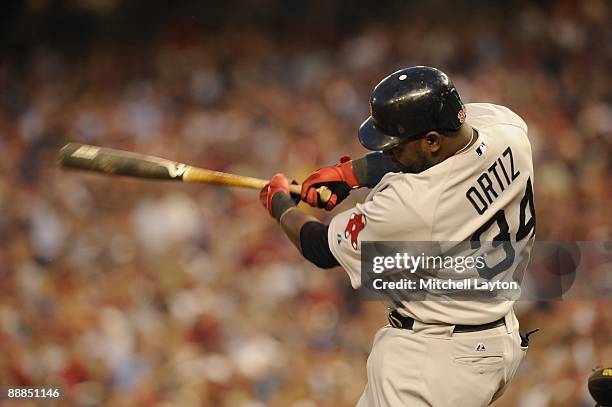 David Ortiz of the Boston Red Sox takes a swing a baseball game against the Washington Nationals on June 25, 2009 at Nationals Park in Washington D.C.