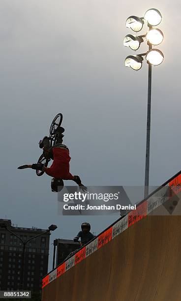 Steven McCann, of Melbourne, Australia, performs on his way to third place during the BMX Vertical Final of the Nike 6.0 BMX Open on June 27, 2009 at...
