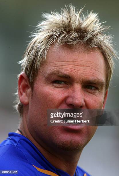 Shane Warne of The Rajasthan Royals watches proceedings during The British Asian Challenge Match played between Middlesex and The Rajasthan Royals at...