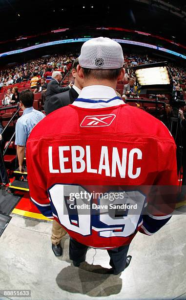 View of the back of the jersey of Louis LeBlanc from the draft floor after the Montreal Canadiens selected Leblanc 18th overall for their first pick...