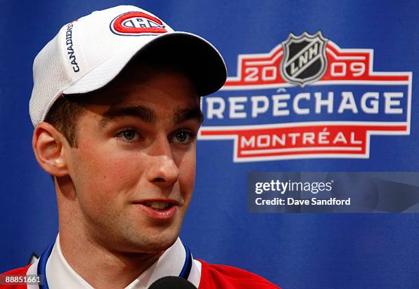 Louis LeBlanc looks on after the Montreal Canadiens selected Leblanc 18th overall for their first pick in the first round of the 2009 NHL Entry Draft...