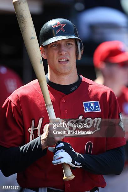 Hunter Pence of the Houston Astros stands in the dugout against the San Francisco Giants during the game at AT&T Park on July 4, 2009 in San...