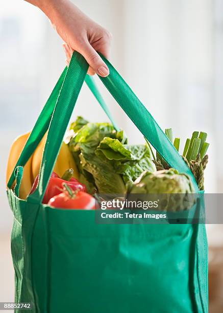 woman holding grocery bag, close-up - bag fresh stock pictures, royalty-free photos & images