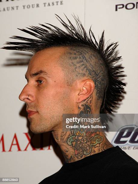 Musician Travis Barker arrives at Maxim's "Hot 100" Party at Paramount Studios on May 21, 2008 in Los Angeles, California.