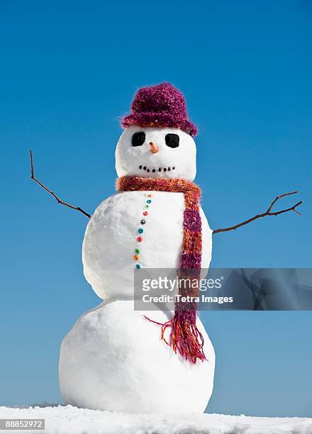 snowman wearing hat and scarf, clear sky in background - snow man stock pictures, royalty-free photos & images