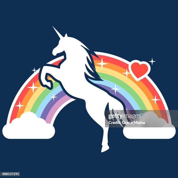 ilustraciones, imágenes clip art, dibujos animados e iconos de stock de unicornio con un arco iris en el fondo ilustración - vector de salto - unicorn