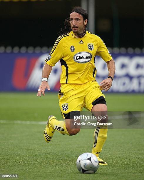 Defender Gino Padula of the Columbus Crew plays the ball against DC United during the match at Columbus Crew Stadium on July 4, 2009 in Columbus,...