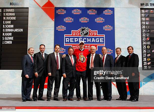 Jared Cowen poses for a photo with Owner Eugene Melnyk, right of Cowen, and General Manager Bryan Murray, left of Cowen, and NHL Commissioner Gary...