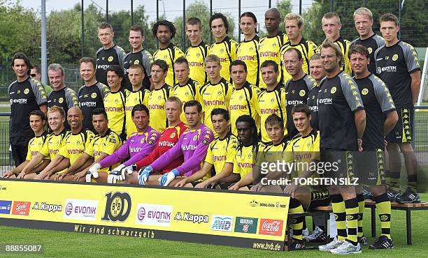 Players and team members of German first division Bundesliga football club Borussia Dortmund pose for a group picture during the team presentation on...