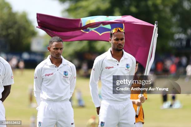 Stand in captain Kraigg Brathwaite of the West Indies stands for the national anthem during day one of the second Test match between New Zealand and...
